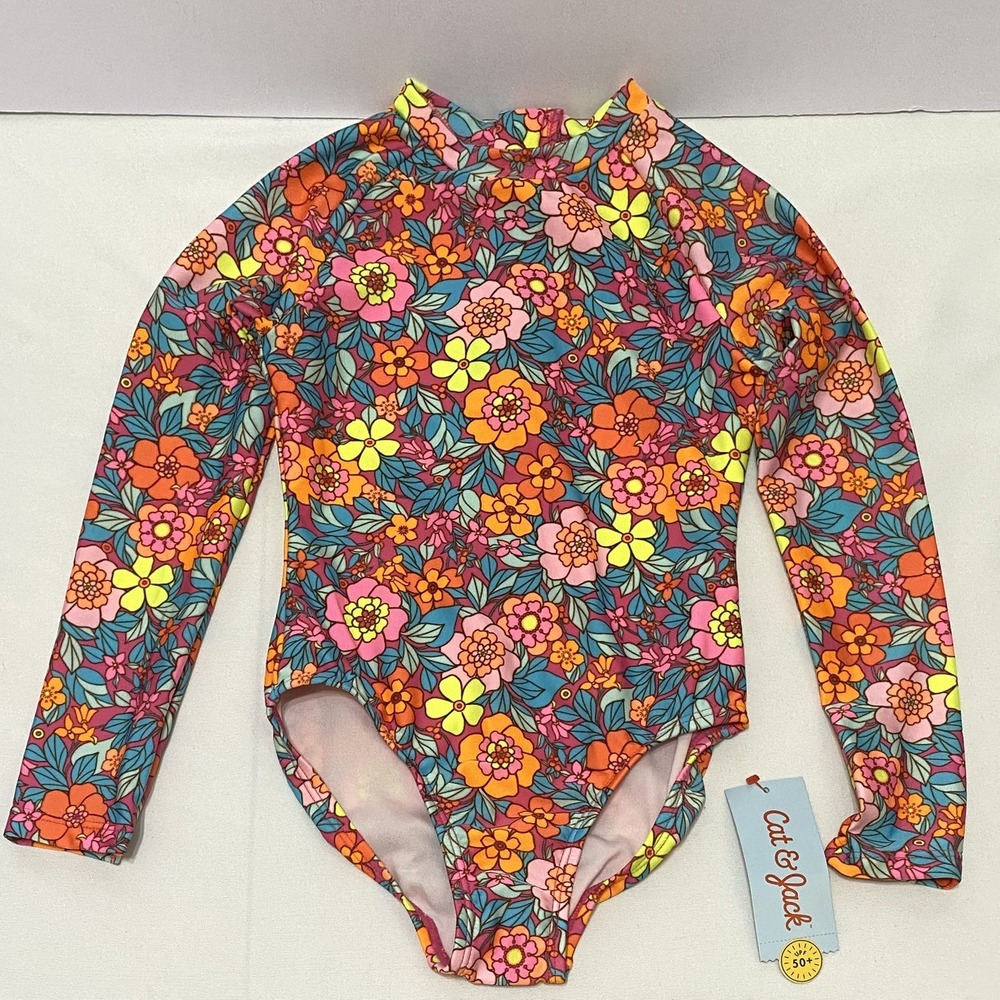 Cat & Jack Girls Rashguard One Piece Swimsuit Bright Floral Zip‎ Back XS 4/5 NWT